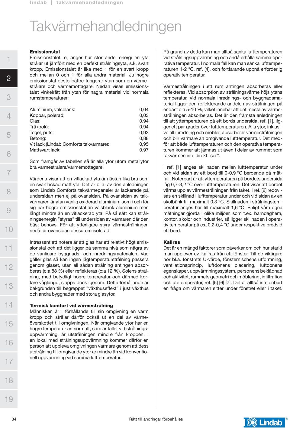 Nedan visas emissionstalet vinkelrätt från ytan för några material vid normala rumstemperaturer: Aluminium, valsblank: 0,0 Koppar, polerad: 0,0 Glas: 0, Trä (bok): 0, Tegel, puts: 0, Betong: 0, Vit