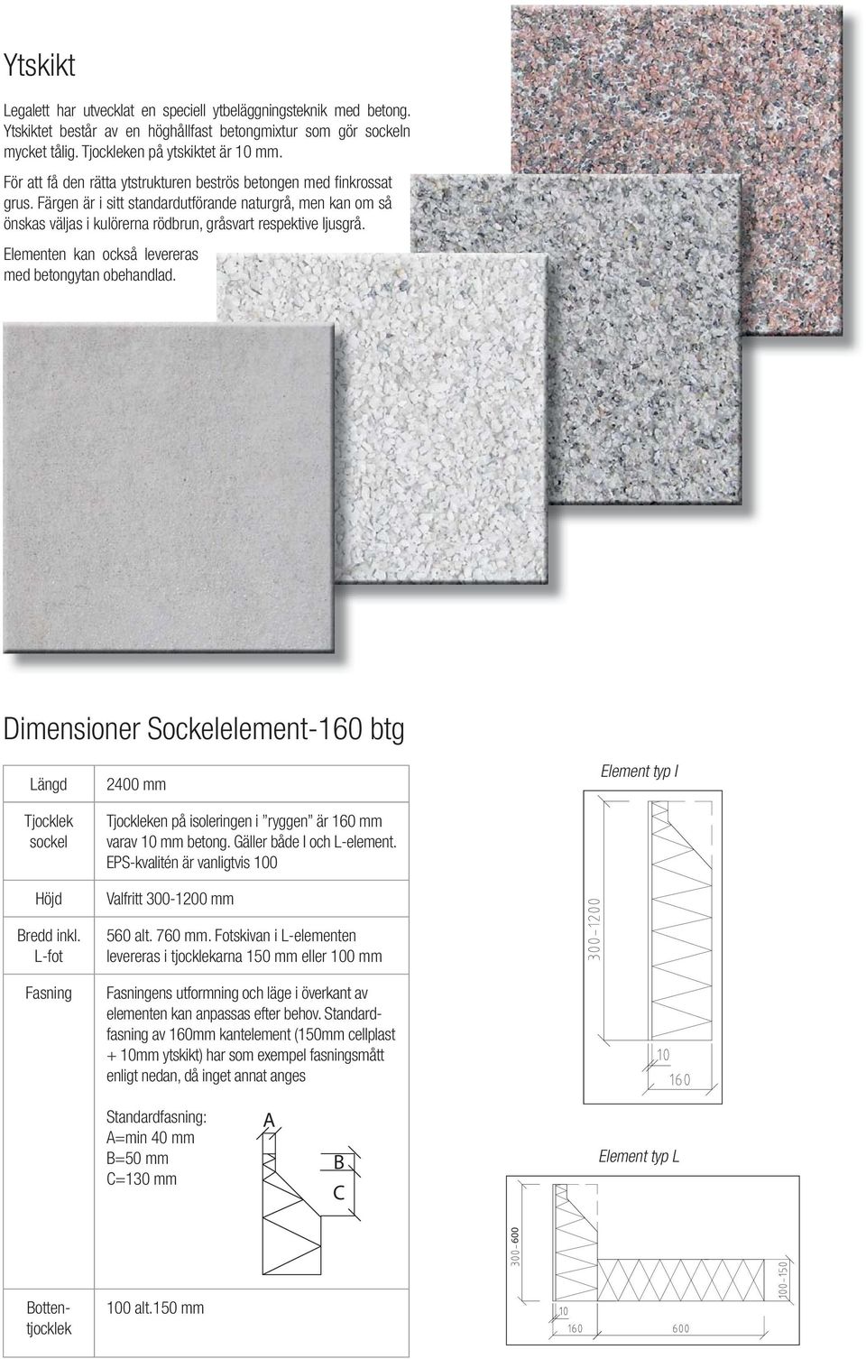 Elementen kan också levereras med betongytan obehandlad. Dimensioner Sockelelement-160 btg Längd Tjocklek sockel Höjd Bredd inkl.