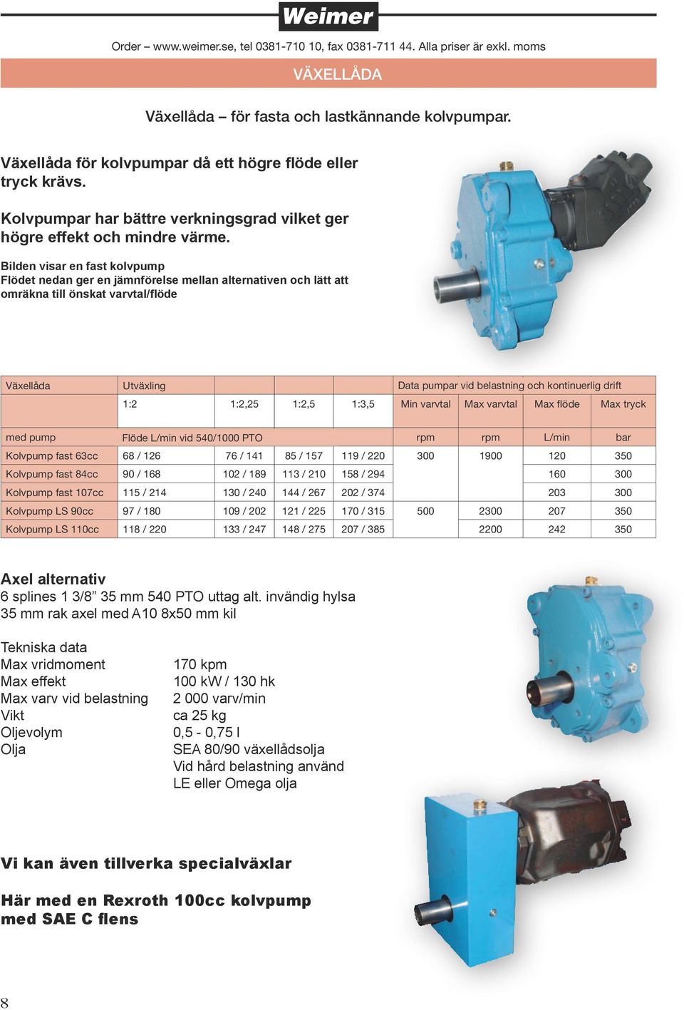 1:2 1:2,25 1:2,5 1:3,5 Min varvtal Max varvtal Max flöde Max tryck med pump Flöde L/min vid 540/1000 PTO rpm rpm L/min bar Kolvpump fast 63cc 68 / 126 76 / 141 85 / 157 119 / 220 300 1900 120 350