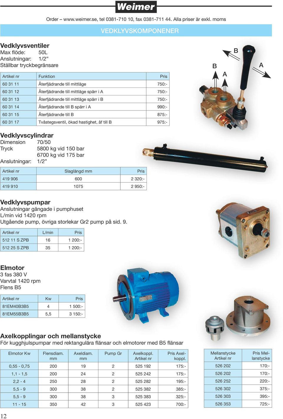 hastighet, åf till B 975:- Vedklyvscylindrar Dimension 70/50 Tryck 5800 kg vid 150 bar 6700 kg vid 175 bar Anslutningar: 1/2 Artikel nr Slaglängd mm Pris 419 906 600 2 320:- 419 910 1075 2 950:-