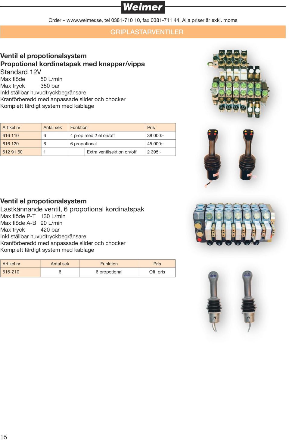 000:- 612 91 60 1 Extra ventilsektion on/off 2 395:- Ventil el propotionalsystem Lastkännande ventil, 6 propotional kordinatspak Max flöde P-T 130 L/min Max flöde A-B 90 L/min Max tryck