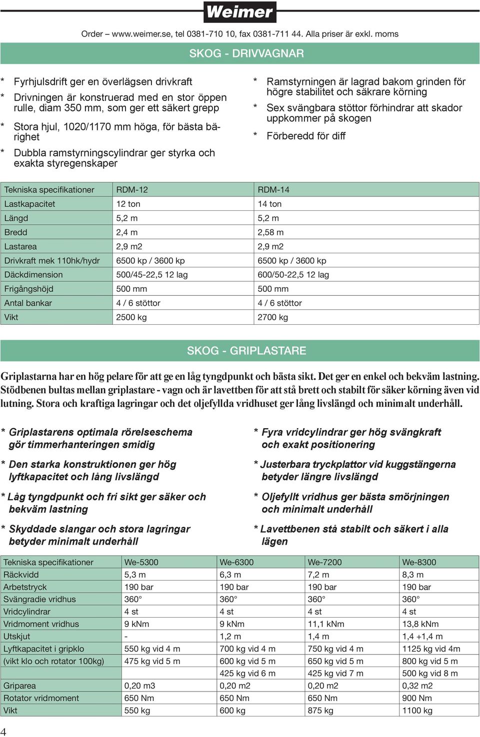 skador uppkommer på skogen * Förberedd för diff Tekniska specifikationer RDM-12 RDM-14 Lastkapacitet 12 ton 14 ton Längd 5,2 m 5,2 m Bredd 2,4 m 2,58 m Lastarea 2,9 m2 2,9 m2 Drivkraft mek 110hk/hydr