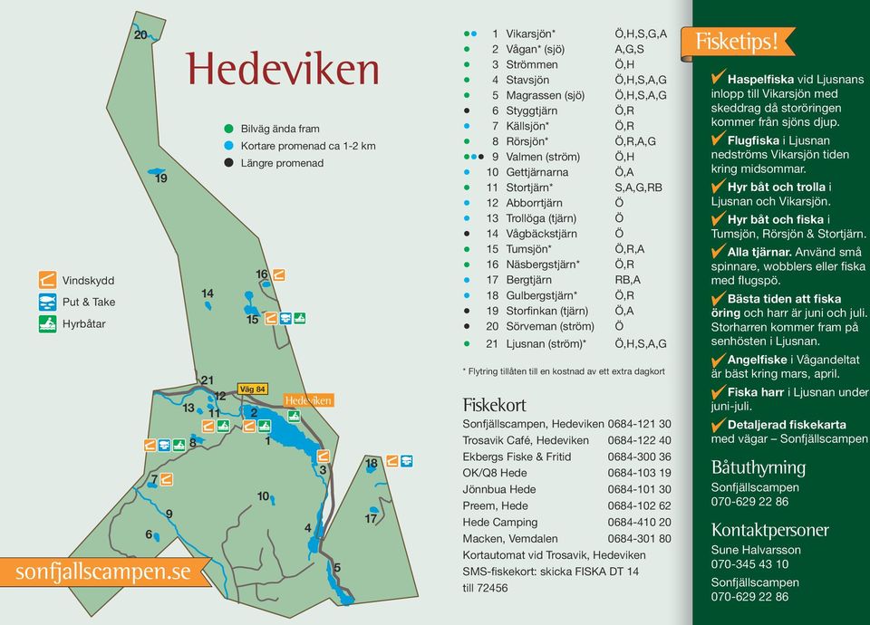 Stortjärn* S,A,G,RB 12 Abborrtjärn 13 Trollöga (tjärn) 14 Vågbäckstjärn 1 Tumsjön*,R,A 16 Näsbergstjärn*,R 17 Bergtjärn RB,A 18 Gulbergstjärn*,R 19 Storfinkan (tjärn),a 20 Sörveman (ström) 21 Ljusnan