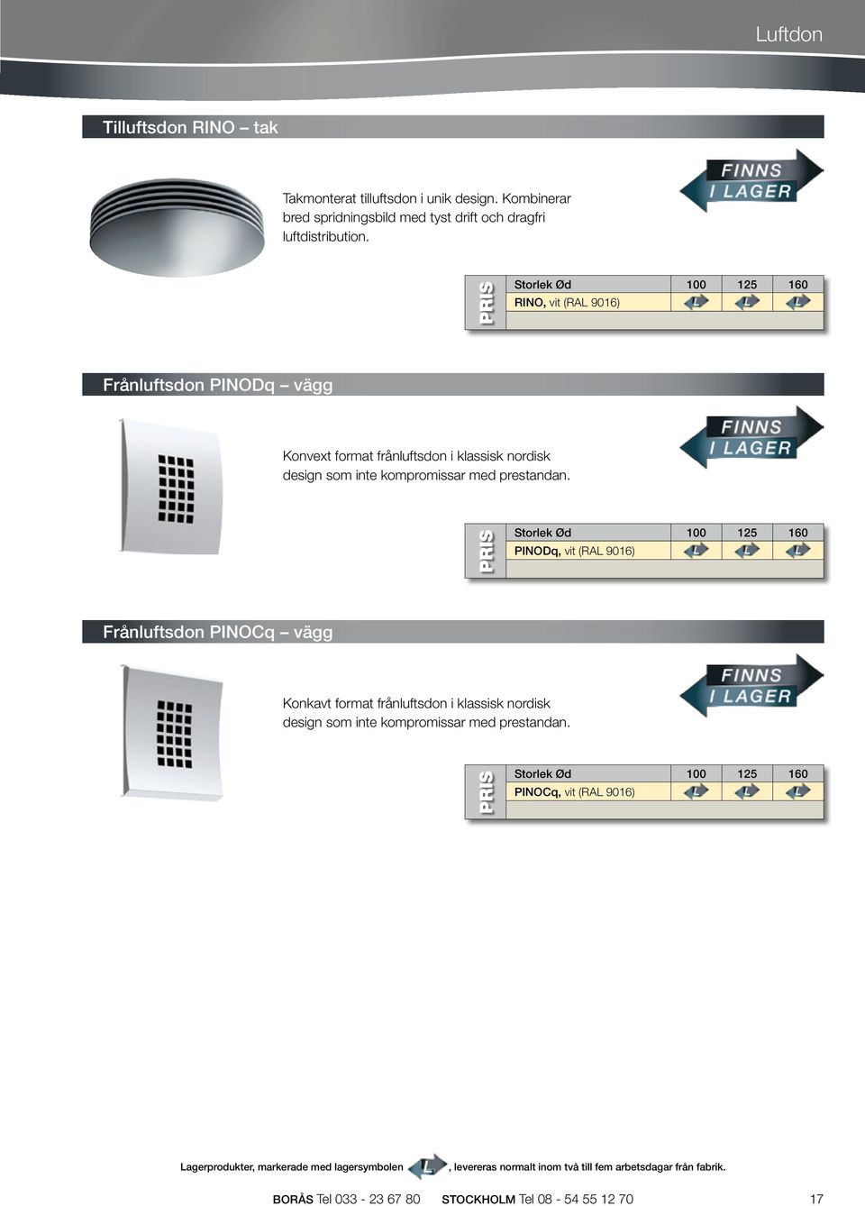 Storlek Ød 100 125 160 RINO, vit (RAL 9016) Frånluftsdon PINODq vägg Konvext format frånluftsdon i klassisk nordisk design som inte