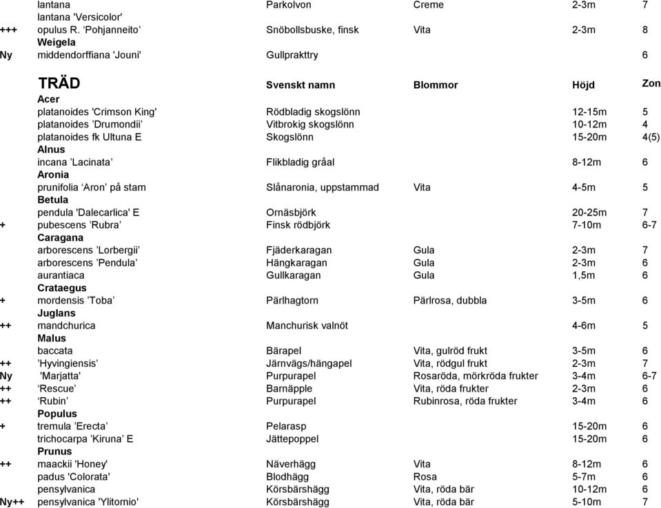 platanoides Drumondii Vitbrokig skogslönn 10-12m 4 platanoides fk Ultuna E Skogslönn 15-20m 4(5) Alnus incana Lacinata Flikbladig gråal 8-12m 6 Aronia prunifolia Aron på stam Slånaronia, uppstammad