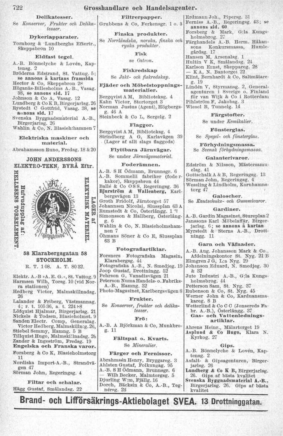 5; se annons å kartans framsida Hector & Co, Skeppsbron 28 Höganäs-Billesholms A.-B., Vasag. 38, se annons sid. 17 Johnson & Co A, Vasag. 12 Lundberg & CoK B, Birgerjarlsg.