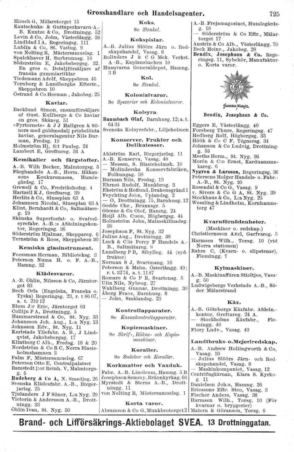 Detalj försälj are af franska gummi artiklar Tiedemann Adolf, Skeppsbron 46 Tornborg & Lundberghs Eftertr., Skeppsbron 10 Östrand & Co Herman, Jakobsg. 25 Kaviar.