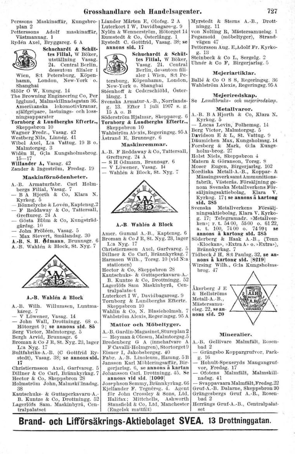 Amerikanska lokomotivkranar, själfgripare, lastnings- och Iossningsapparater Tornborg & Lundberghs Eftertr., Skeppsbron 10 Wagner Fredr., Vasag. 42 Westberg Nils, Linneg. 41 Wibel Axel, L:a Vattug.