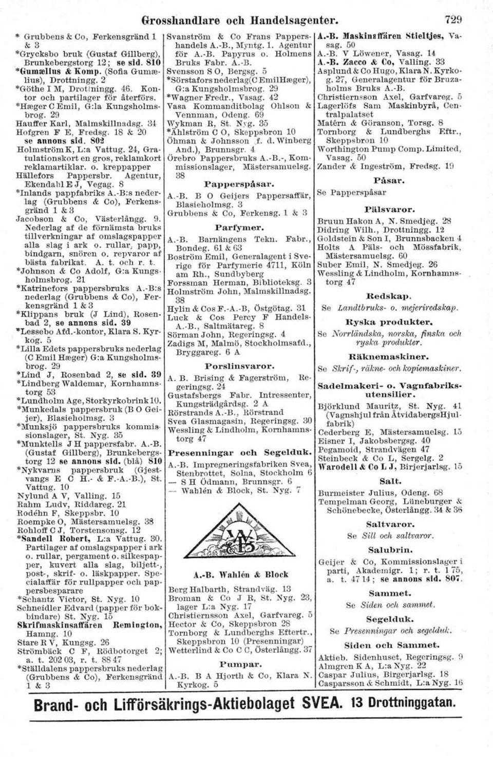 29 tor och partilager för återförs. *Wagner Fredr., Vasag. 42 "Hreger C Emil, G:la Kungsholms- Vasa Kommanditbolag Ohlson & brog. 29 Vennman, Odeng. 69 Hautl'er Karl, Malmskillnadsg. 34 Wykman R, St.