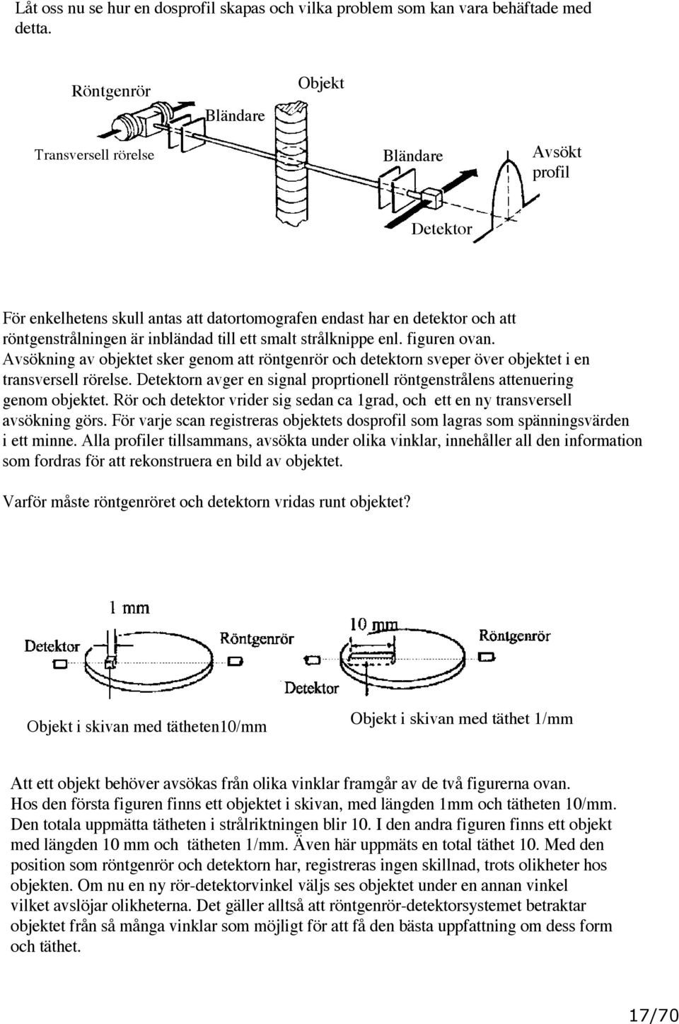 smalt strålknippe enl. figuren ovan. Avsökning av objektet sker genom att röntgenrör och detektorn sveper över objektet i en transversell rörelse.