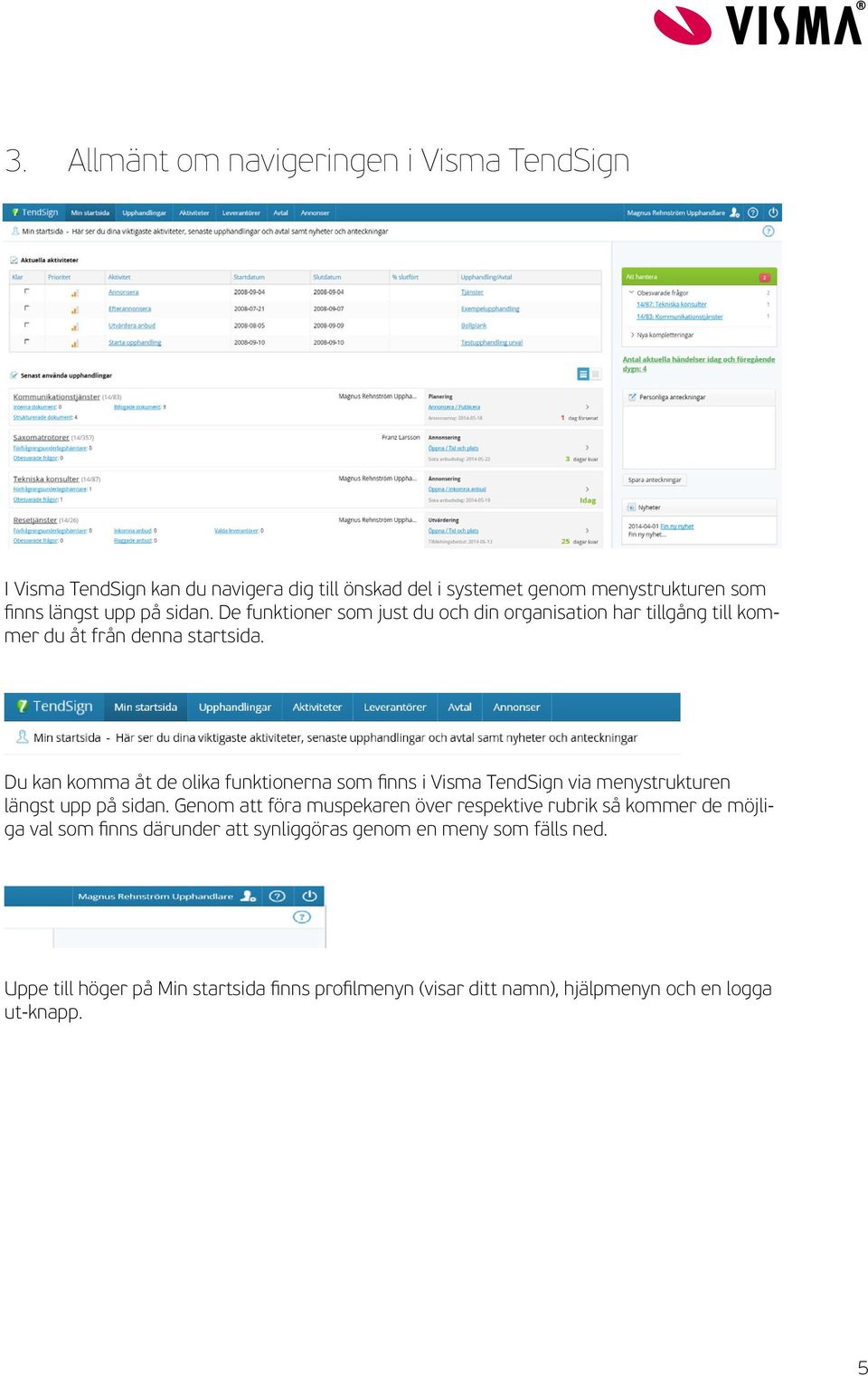 Du kan komma åt de olika funktionerna som finns i Visma TendSign via menystrukturen längst upp på sidan.