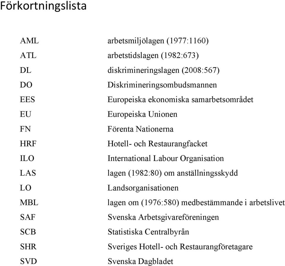 Restaurangfacket ILO International Labour Organisation LAS lagen (1982:80) om anställningsskydd LO Landsorganisationen MBL lagen om