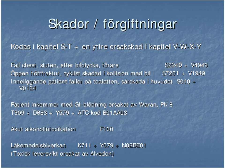 toaletten, sårskada s i huvudet S010 + V0124 Patient inkommer med GI-bl blödning orsakat av Waran, PK 8 T509 + D683 + Y579 +