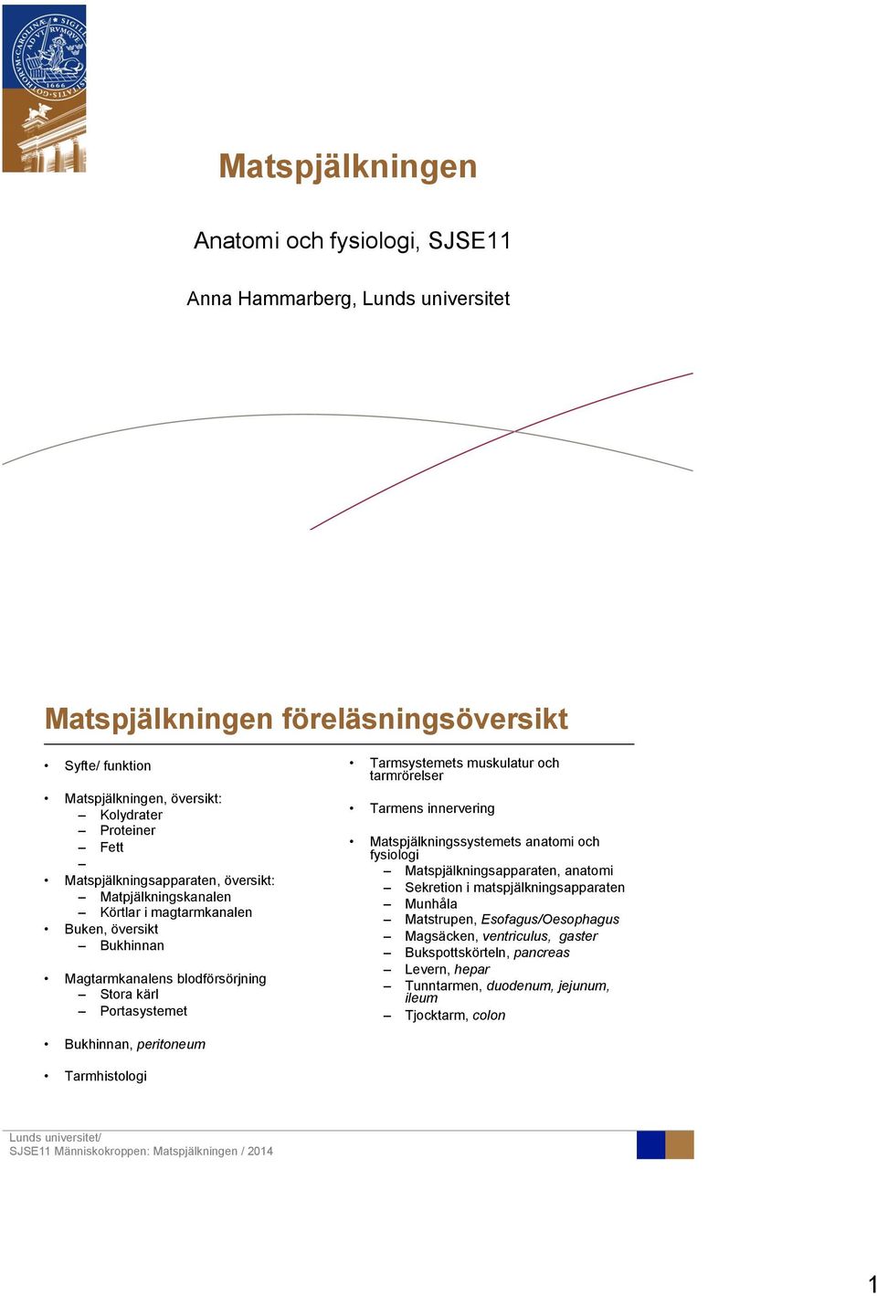 muskulatur och tarmrörelser Tarmens innervering Matspjälkningssystemets anatomi och fysiologi Matspjälkningsapparaten, anatomi Sekretion i matspjälkningsapparaten Munhåla Matstrupen,