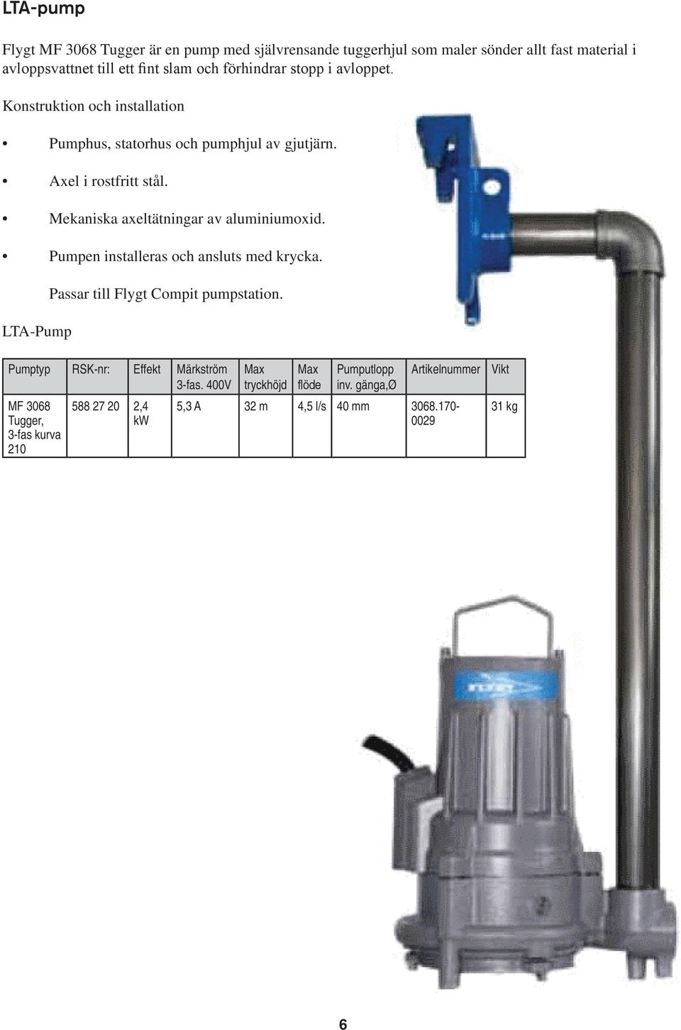 Mekaniska axeltätningar av aluminiumoxid. Pumpen installeras och ansluts med krycka. LTA-Pump Passar till Flygt Compit pumpstation.