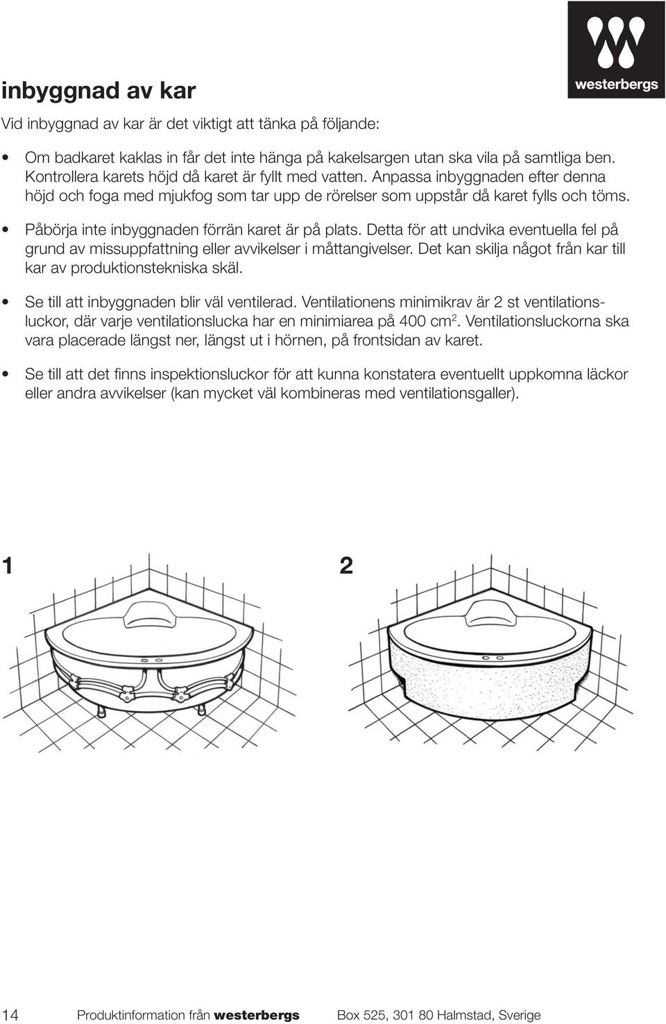 Påbörja inte inbyggnaden förrän karet är på plats. Detta för att undvika eventuella fel på grund av missuppfattning eller avvikelser i måttangivelser.