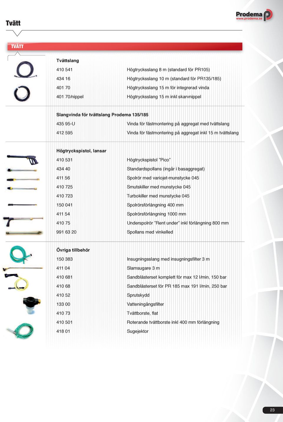 Högtryckspistol, lansar 410 531 Högtryckspistol Pico 434 40 Standardspollans (ingår i basaggregat) 411 56 Spolrör med variojet-munstycke 045 410 725 Smutskiller med munstycke 045 410 723 Turbokiller