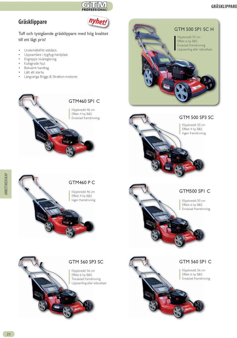 GTM 500 SP1 SC H Klippbredd: 50 cm : 6 hp B&S Enväxlad framdrivning Uppsamling eller sidoutkast GTM460 SP1 C Klippbredd: 46 cm : 4 hp B&S Enväxlad framdrivning GTM 500 SP3 SC Klippbredd: 50 cm