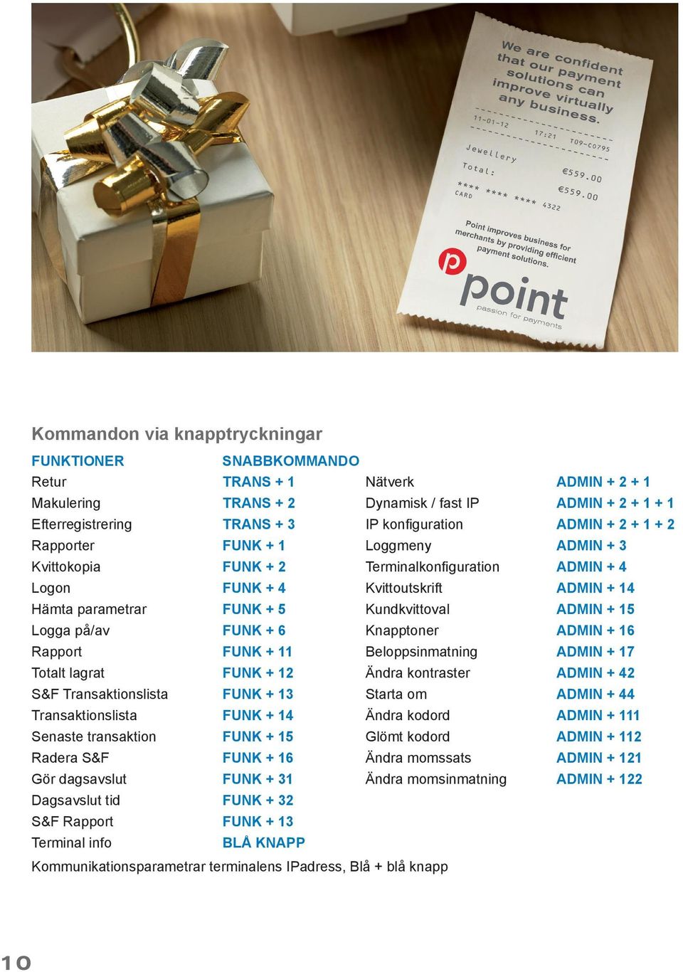 15 Logga på/av FUNK + 6 Knapptoner ADMIN + 16 Rapport FUNK + 11 Beloppsinmatning ADMIN + 17 Totalt lagrat FUNK + 12 Ändra kontraster ADMIN + 42 S&F Transaktionslista FUNK + 13 Starta om ADMIN + 44