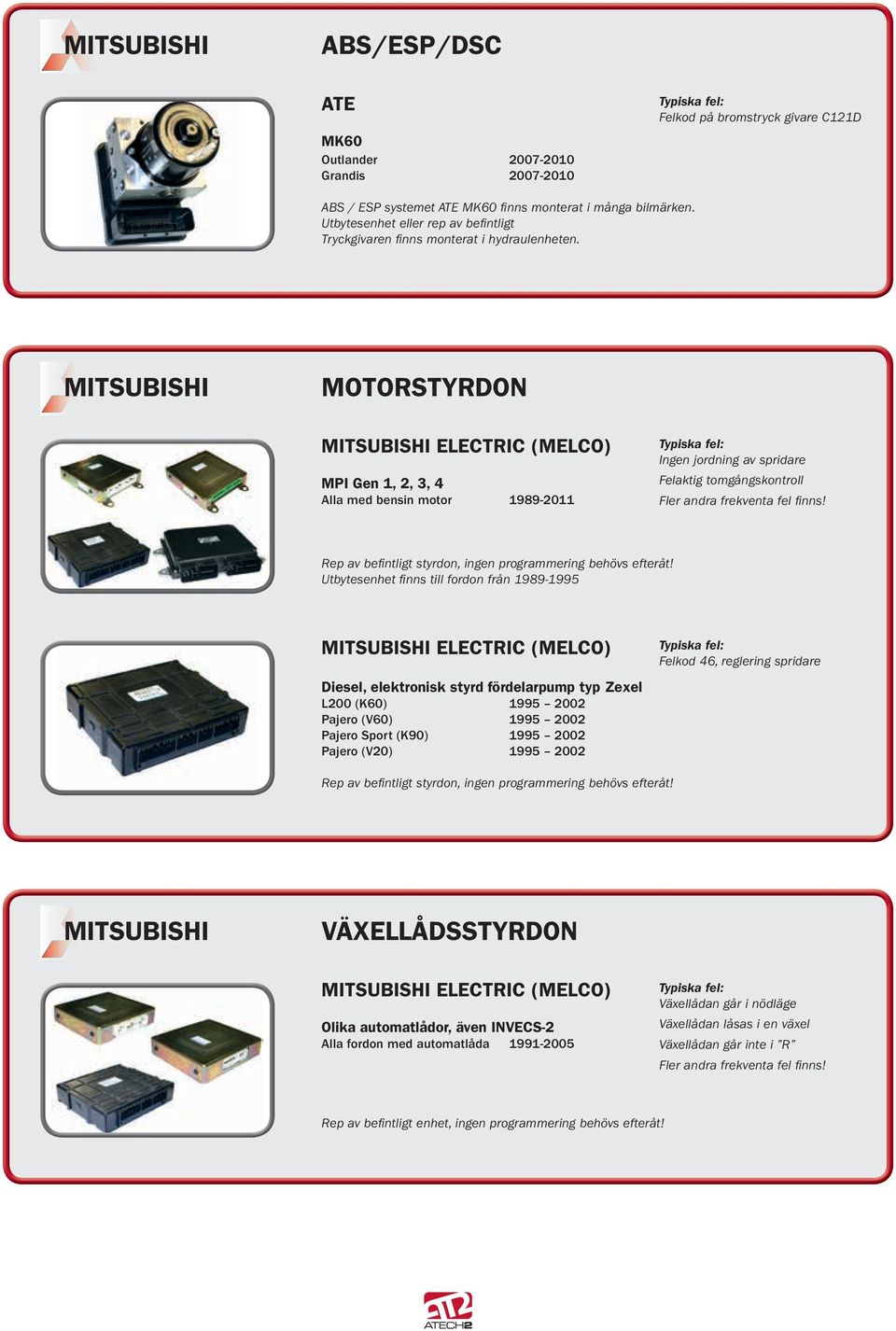 Utbytesenhet finns till fordon från 1989-1995 Mitsubishi electric (melco) Diesel, elektronisk styrd fördelarpump typ Zexel L200 (K60) 1995 2002 Pajero (V60) 1995 2002 Pajero Sport (K90) 1995 2002