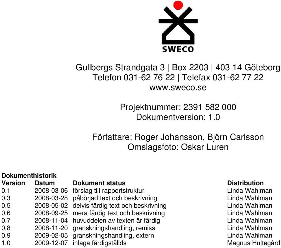 1 2008-03-06 förslag till rapportstruktur Linda Wahlman 0.3 2008-03-28 påbörjad text och beskrivning Linda Wahlman 0.5 2008-05-02 delvis färdig text och beskrivning Linda Wahlman 0.