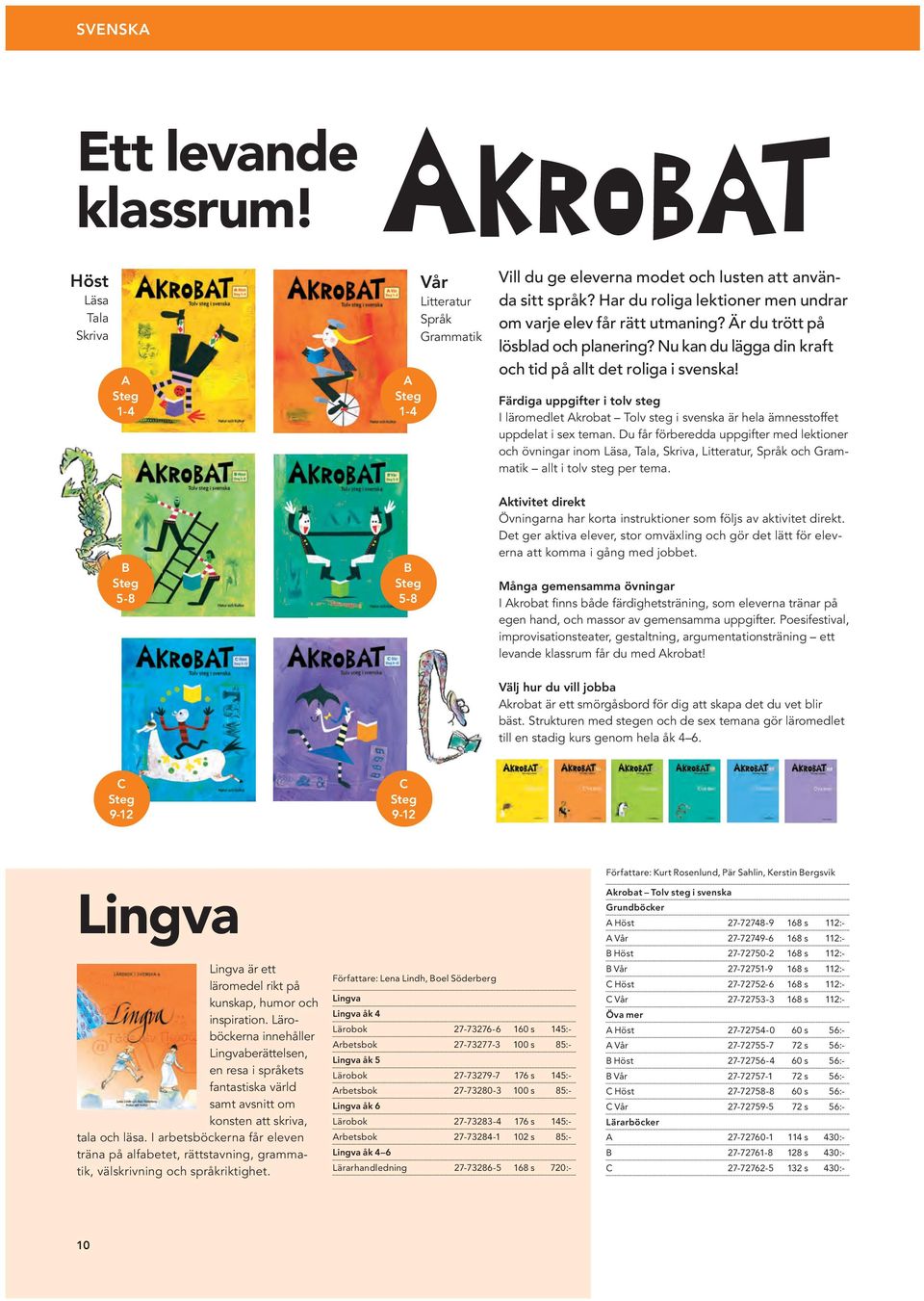 Färdiga uppgifter i tolv steg I läromedlet Akrobat Tolv steg i svenska är hela ämnesstoffet uppdelat i sex teman.