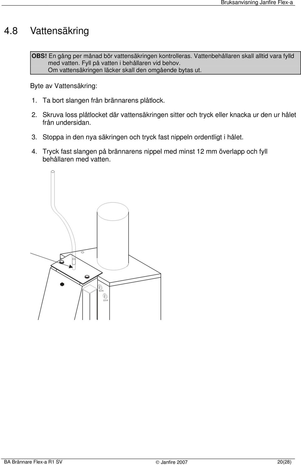 Ta bort slangen från brännarens plåtlock. 2. Skruva loss plåtlocket där vattensäkringen sitter och tryck eller knacka ur den ur hålet från undersidan. 3.