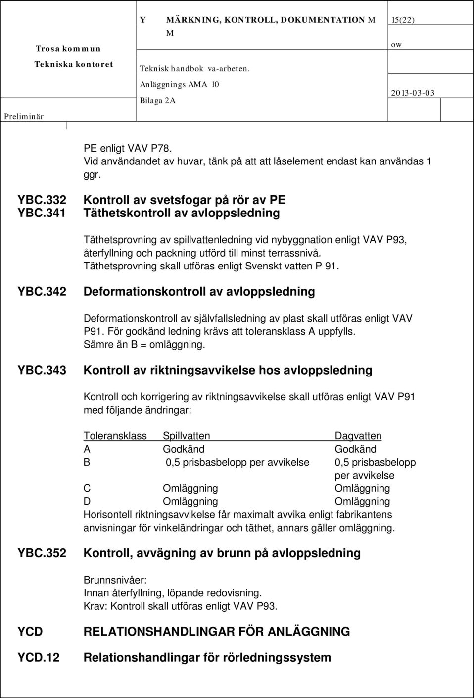 terrassnivå. Täthetsprovning skall utföras enligt Svenskt vatten P 91. YBC.342 Deformationskontroll av avloppsledning Deformationskontroll av självfallsledning av plast skall utföras enligt VAV P91.