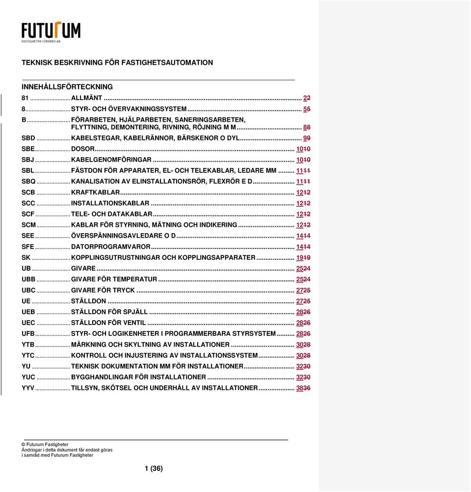 .. KANALISATION AV ELINSTALLATIONSRÖR, FLEXRÖR E D... 1111 SCB... KRAFTKABLAR... 1212 SCC... INSTALLATIONSKABLAR... 1212 SCF... TELE- OCH DATAKABLAR... 1212 SCM.