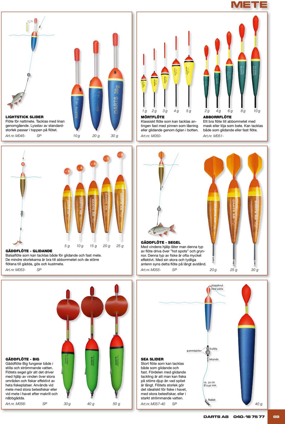 Kan tacklas både som glidande eller fast flöte. Art.nr. M045- SP 10 g 20 g 30 g Art.nr. M050- Art.nr. M051-5 g 10 g 15 g 20 g 25 g GÄDDFLÖTE - GLIDANDE Balsaflöte som kan tacklas både för glidande och fast mete.