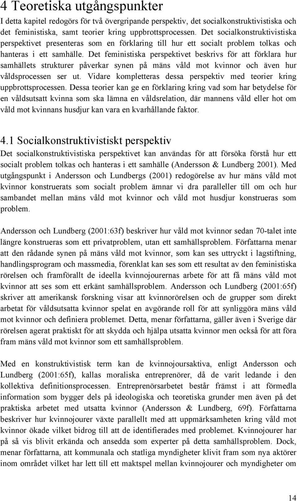 Det feministiska perspektivet beskrivs för att förklara hur samhällets strukturer påverkar synen på mäns våld mot kvinnor och även hur våldsprocessen ser ut.