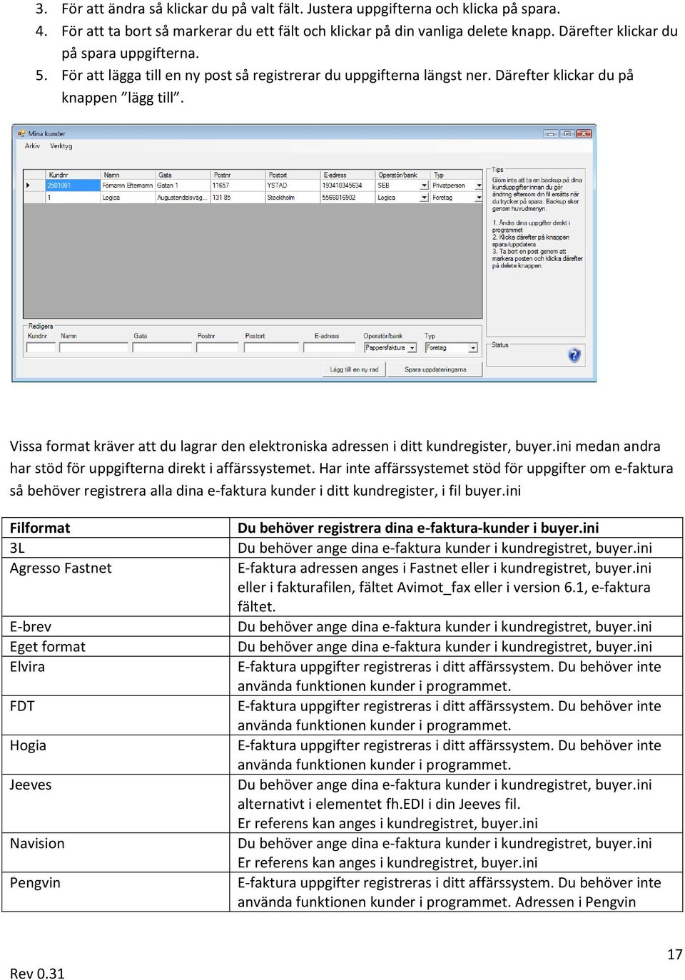 Vissa format kräver att du lagrar den elektroniska adressen i ditt kundregister, buyer.ini medan andra har stöd för uppgifterna direkt i affärssystemet.