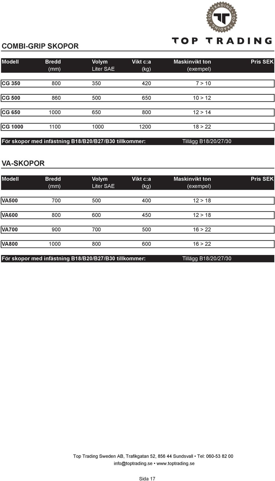 B18/20/27/30 VA-SKOPOR Modell Bredd Volym Vikt c:a Maskinvikt ton Pris SEK (mm) Liter SAE (kg) (exempel) VA500 700 500 400 12 > 18 VA600 800