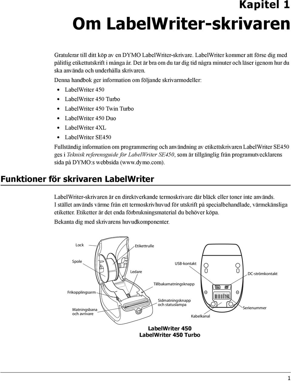 Denna handbok ger information om följande skrivarmodeller: LabelWriter 450 LabelWriter 450 Turbo LabelWriter 450 Twin Turbo LabelWriter 450 Duo LabelWriter 4XL LabelWriter SE450 Fullständig