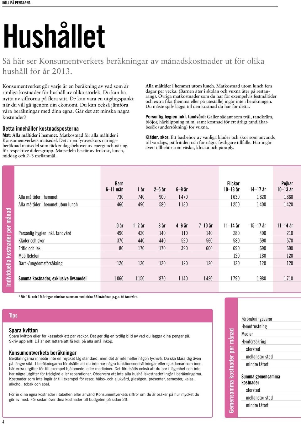 De kan vara en utgångspunkt när du vill gå igenom din ekonomi. Du kan också jämföra våra beräkningar med dina egna. Går det att minska några kostnader? Alla måltider i hemmet utom lunch.