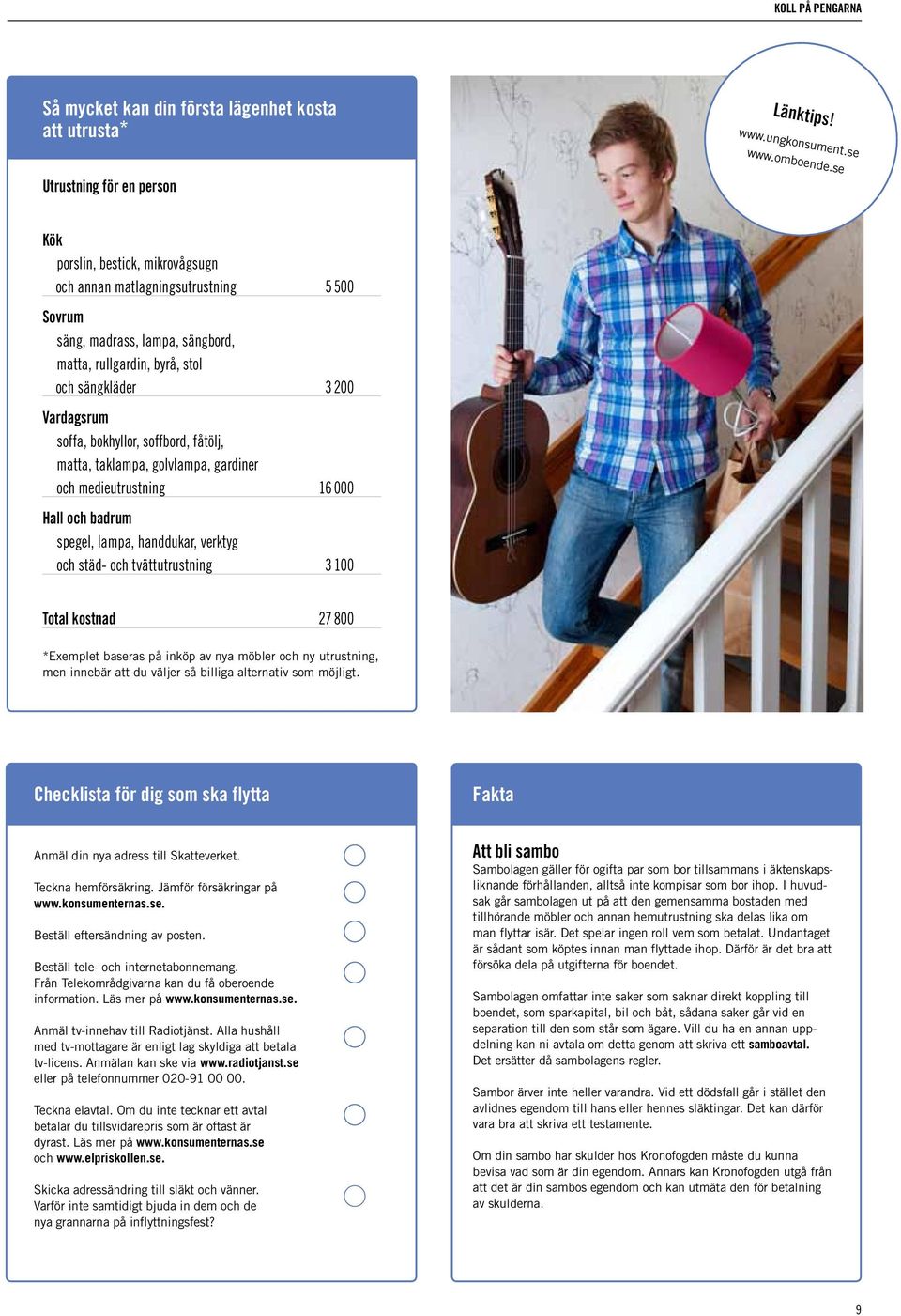 Vardagsrum soffa, bokhyllor, soffbord, fåtölj, matta, taklampa, golvlampa, gardiner och medieutrustning 16 000 hall och badrum spegel, lampa, handdukar, verktyg och städ- och tvättutrustning 3 100
