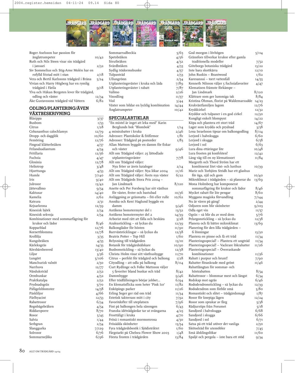 Bertil Karlssons trädgård i Bråna 5/24 Vivian och Harry Högberg har en rymlig trädgård i Färila 9/18 Ylva och Håkan Bergsten lever för trädgård, odling och växter 12/34 Åke Gustavssons trädgård vid