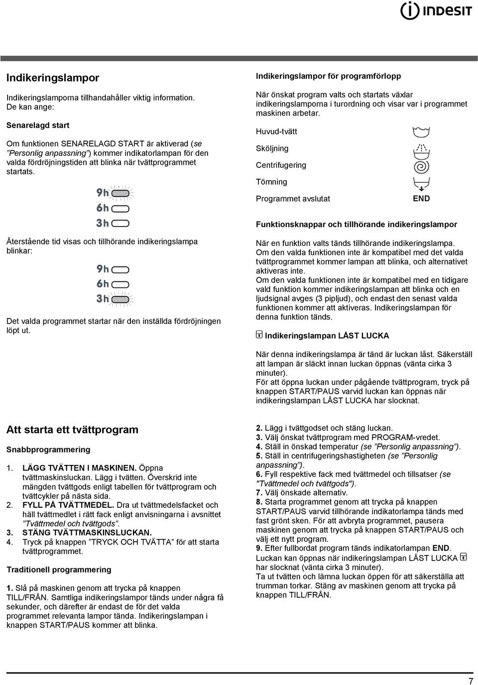 Indikeringslampor för programförlopp När önskat program valts och startats växlar indikeringslamporna i turordning och visar var i programmet maskinen arbetar.