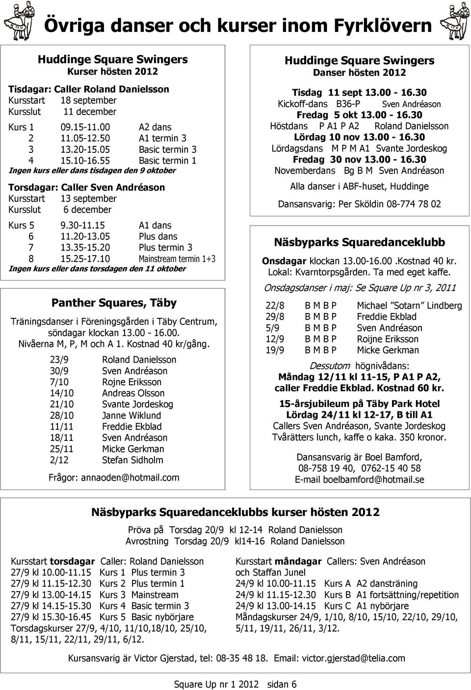 55 Basic termin 1 Ingen kurs eller dans tisdagen den 9 oktober Torsdagar: Caller Sven Andréason Kursstart 13 september Kursslut 6 december Kurs 5 9.30-11.15 A1 dans 6 11.20-13.05 Plus dans 7 13.35-15.