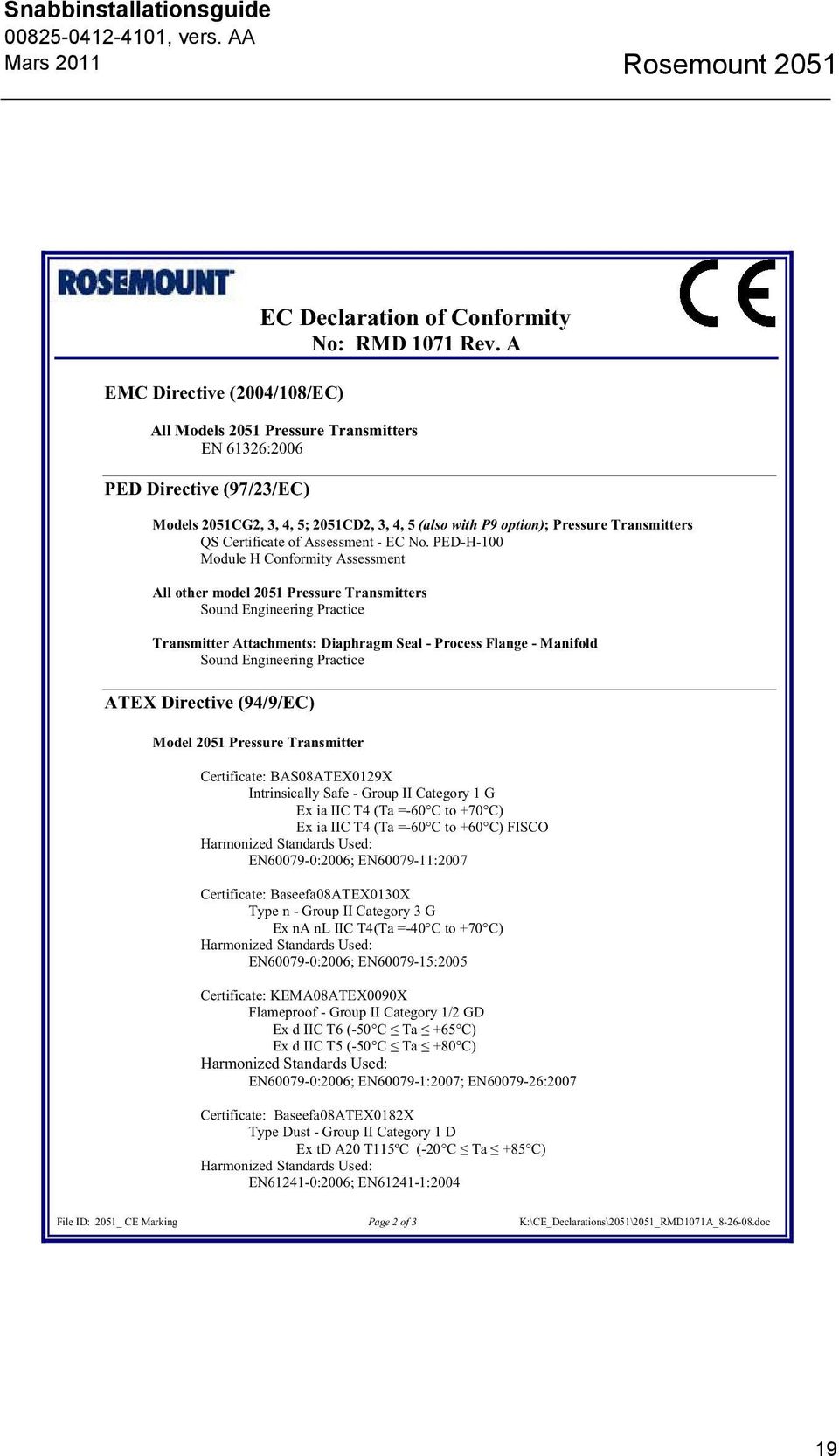 No. PED-H-100 Module H Conformity Assessment All other model 2051 Pressure Transmitters Sound Engineering Practice Transmitter Attachments: Diaphragm Seal - Process Flange - Manifold Sound