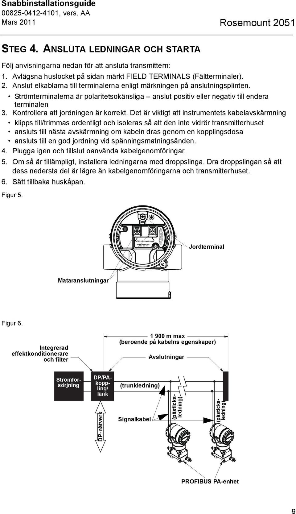 Det är viktigt att instrumentets kabelavskärmning klipps till/trimmas ordentligt och isoleras så att den inte vidrör transmitterhuset ansluts till nästa avskärmning om kabeln dras genom en