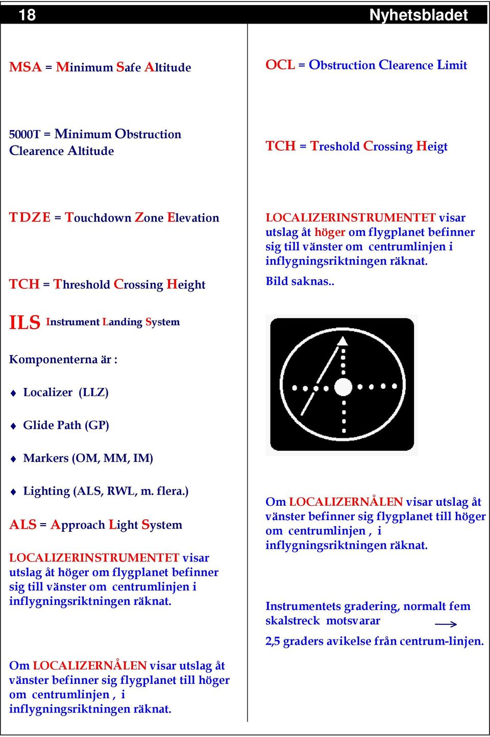 . ILS Instrument Landing System Komponenterna är : Localizer (LLZ) Glide Path (GP) Markers (OM, MM, IM) Lighting (ALS, RWL, m. flera.