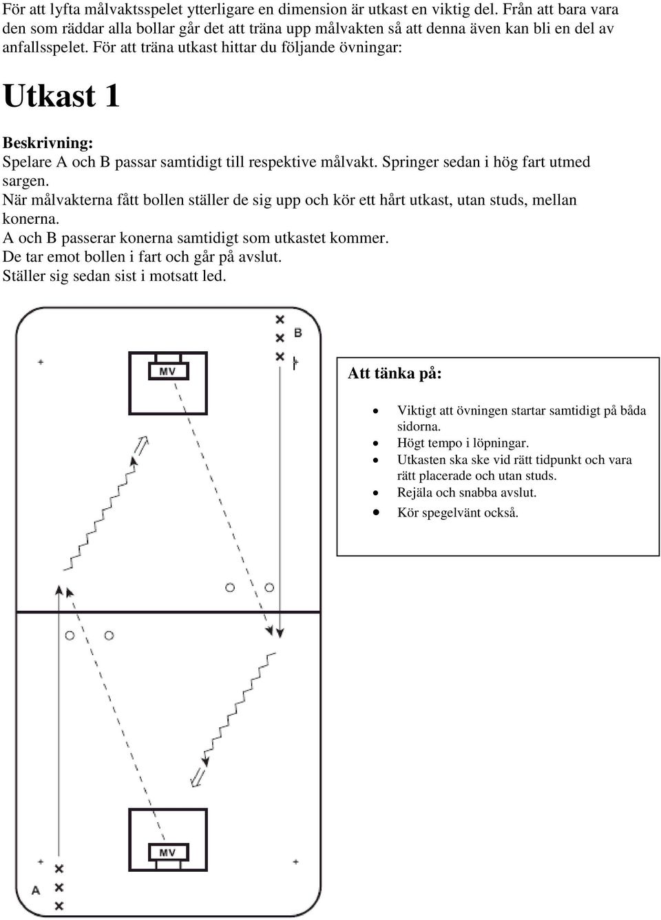 För att träna utkast hittar du följande övningar: Utkast 1 Spelare A och B passar samtidigt till respektive målvakt. Springer sedan i hög fart utmed sargen.