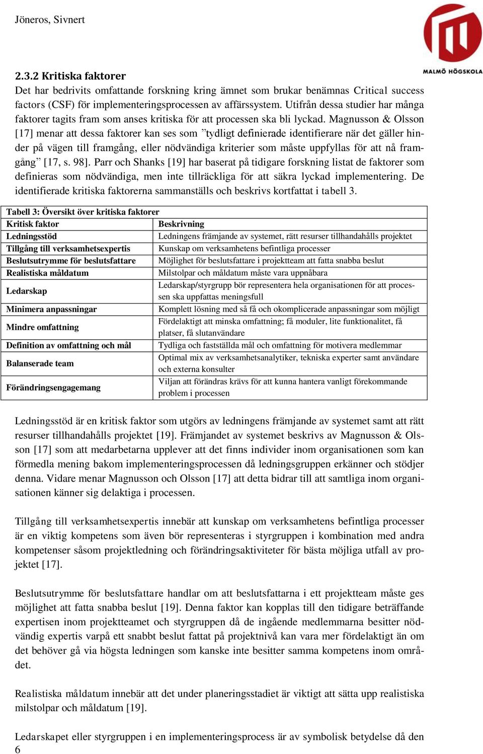 Magnusson & Olsson [17] menar att dessa faktorer kan ses som tydligt definierade identifierare när det gäller hinder på vägen till framgång, eller nödvändiga kriterier som måste uppfyllas för att nå