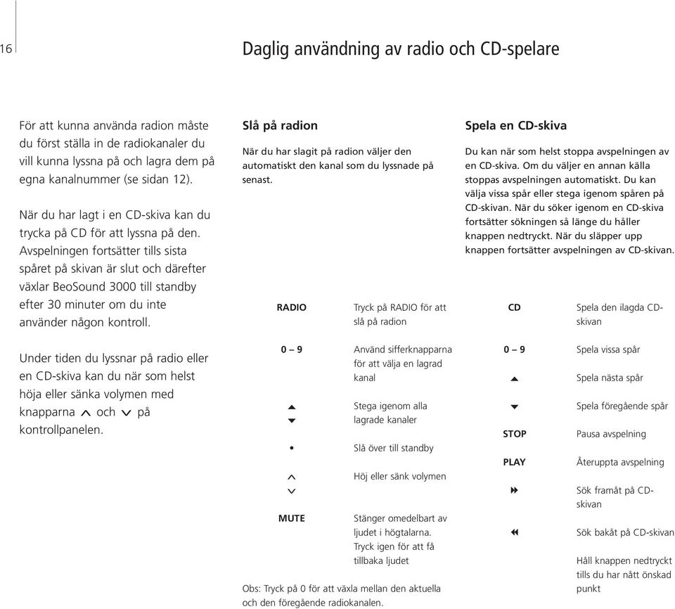 Avspelningen fortsätter tills sista spåret på skivan är slut och därefter växlar BeoSound 3000 till standby efter 30 minuter om du inte använder någon kontroll.