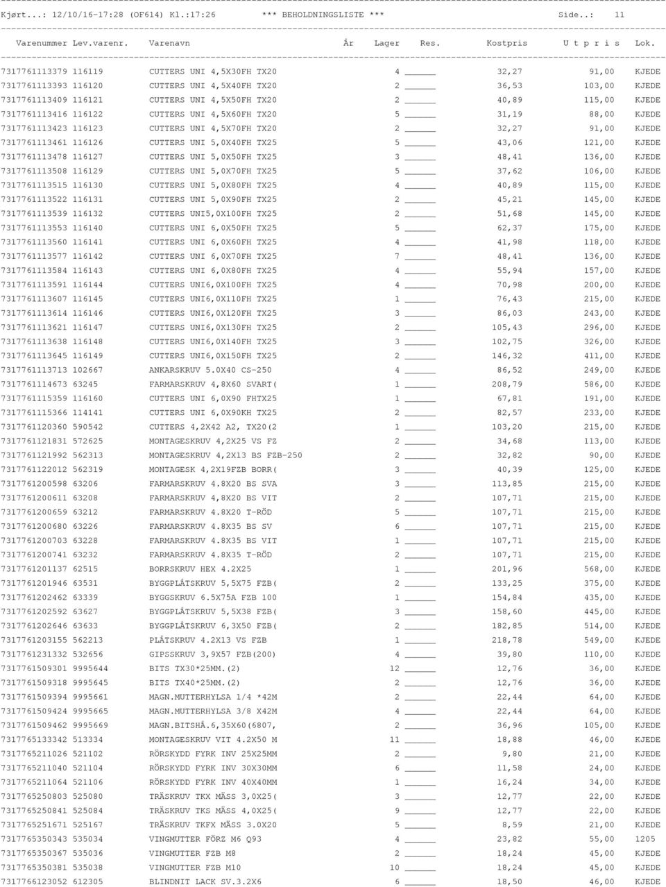 115,00 KJEDE 7317761113416 116122 CUTTERS UNI 4,5X60FH TX20 5 31,19 88,00 KJEDE 7317761113423 116123 CUTTERS UNI 4,5X70FH TX20 2 32,27 91,00 KJEDE 7317761113461 116126 CUTTERS UNI 5,0X40FH TX25 5