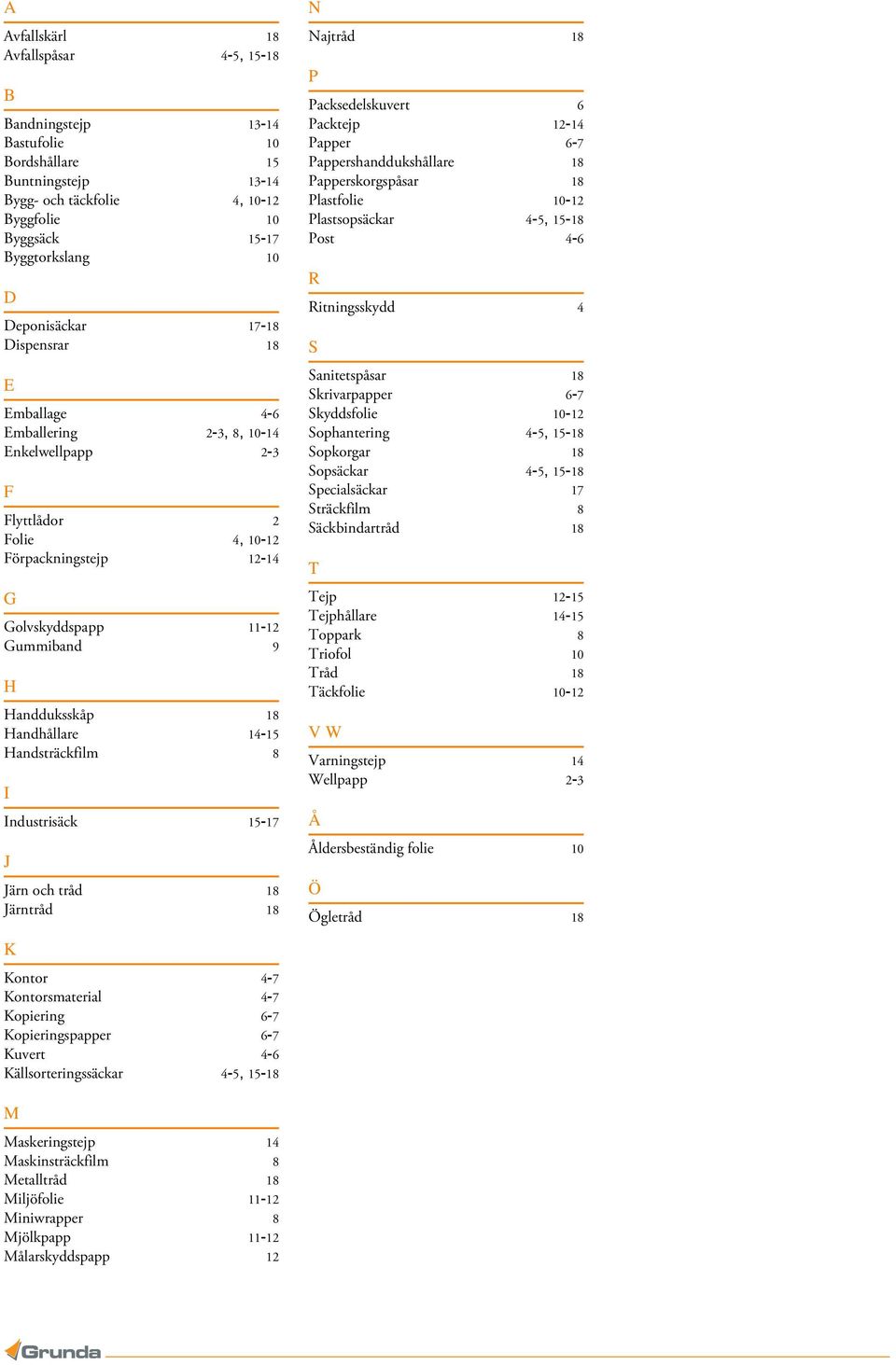 Handhållare 14-15 Handsträckfilm 8 I Industrisäck 15-17 J Järn och tråd 18 Järntråd 18 N Najtråd 18 P Packsedelskuvert 6 Packtejp 12-14 Papper 6-7 Pappershanddukshållare 18 Papperskorgspåsar 18