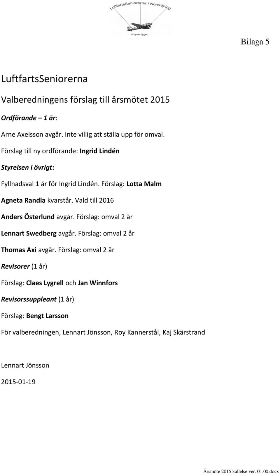Vald till 2016 Anders Österlund avgår. Förslag: omval 2 år Lennart Swedberg avgår. Förslag: omval 2 år Thomas Axi avgår.