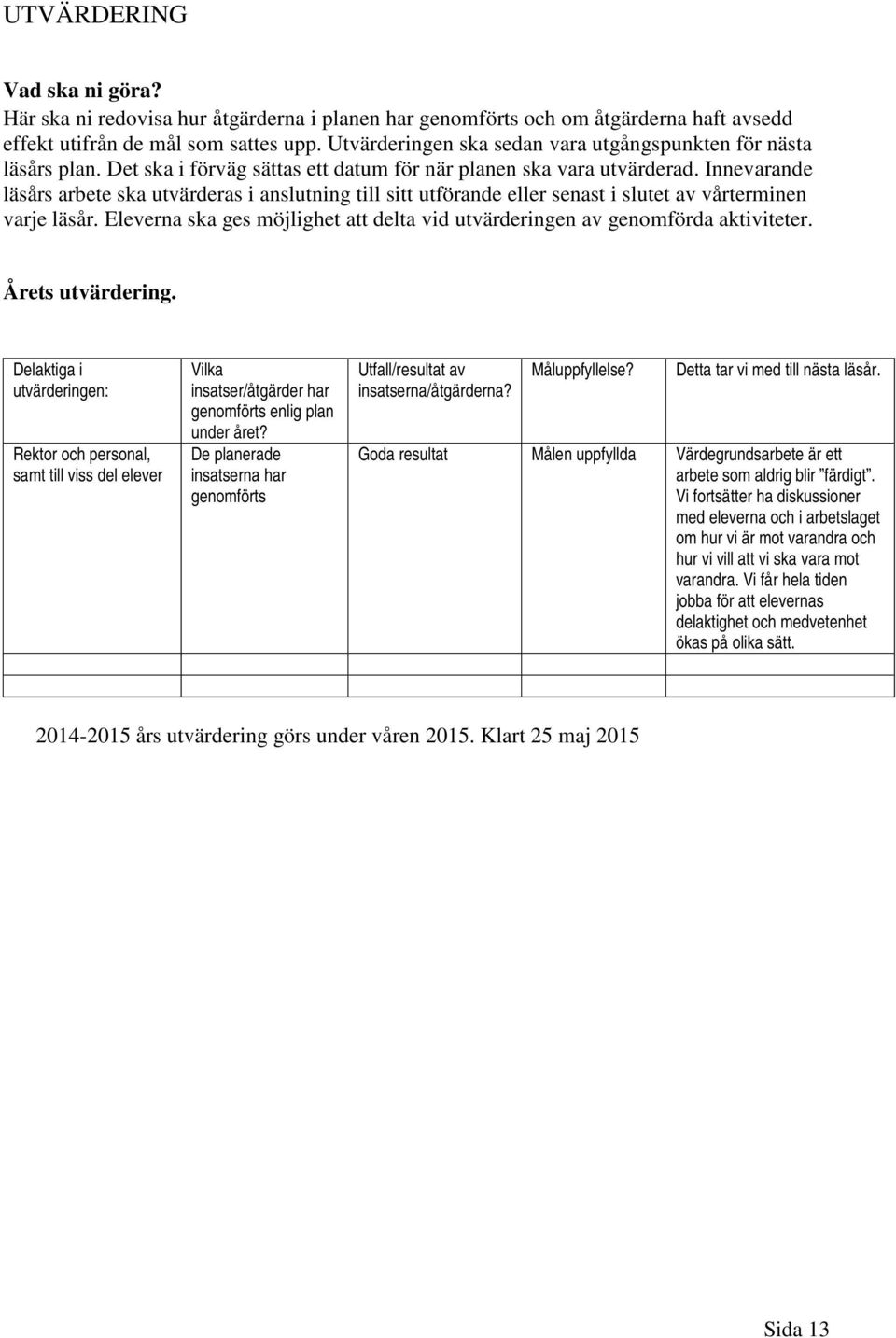 Innevarande läsårs arbete ska utvärderas i anslutning till sitt utförande eller senast i slutet av vårterminen varje läsår.