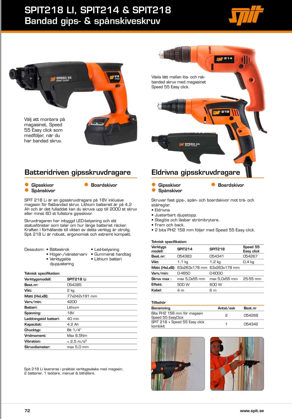 Batteridriven gipsskruvdragare Eldrivna gipsskruvdragare zgipsskivor z Spånskivor zboardskivor zgipsskivor z Spånskivor zboardskivor SPIT 218 Li är en gipsskruvdragare på 18V inklusive magasin för